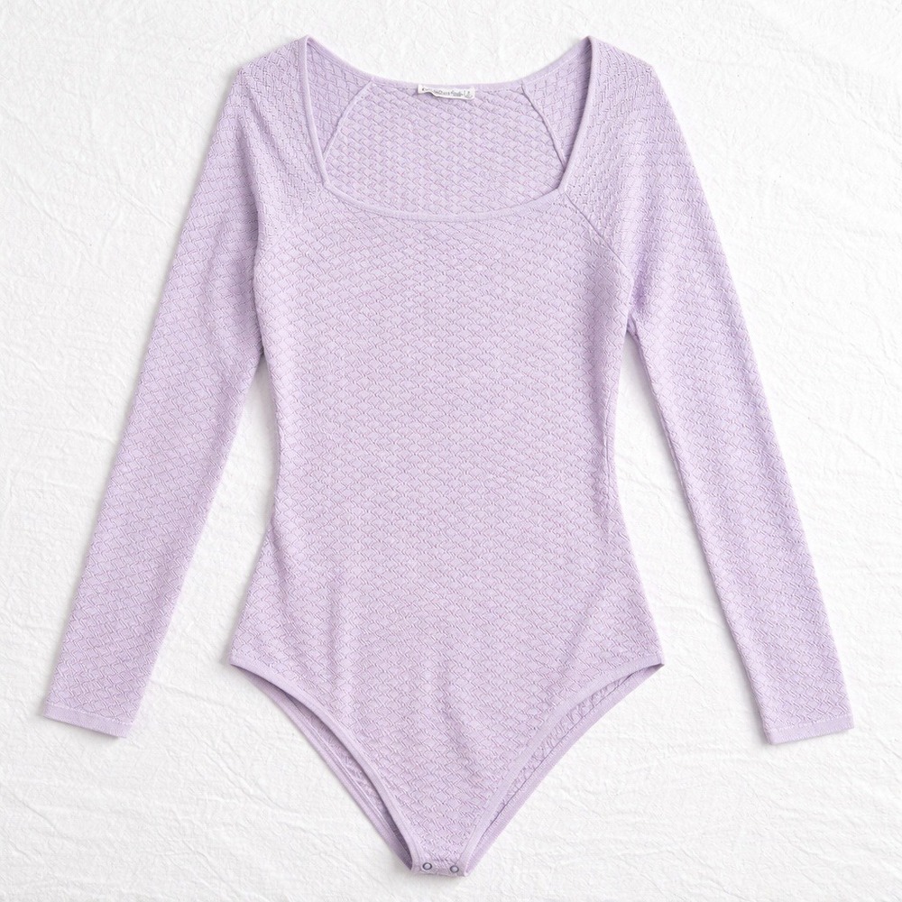 New Abercrombie & Fitch Lavender Pointelle Knit Square Neck Bodysuit Sz Medium